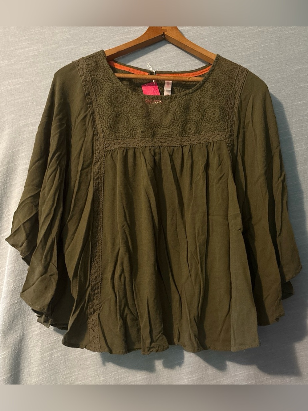 Xhilaration Boho Peasant Blouse Bat Wing Sleeve Deep Olive Women’s Sz L NWT